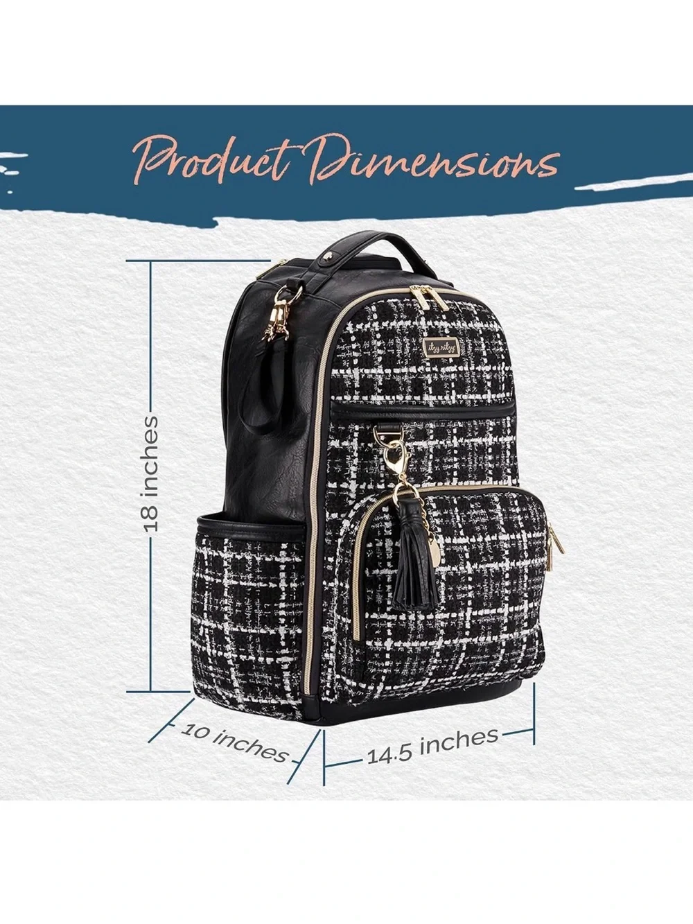 Itzy Ritzy Black and White Tweed Backpack with Gold Hardware